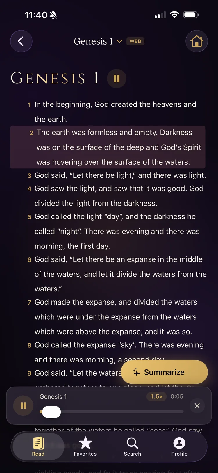 Chapter audio player with follow-along reading