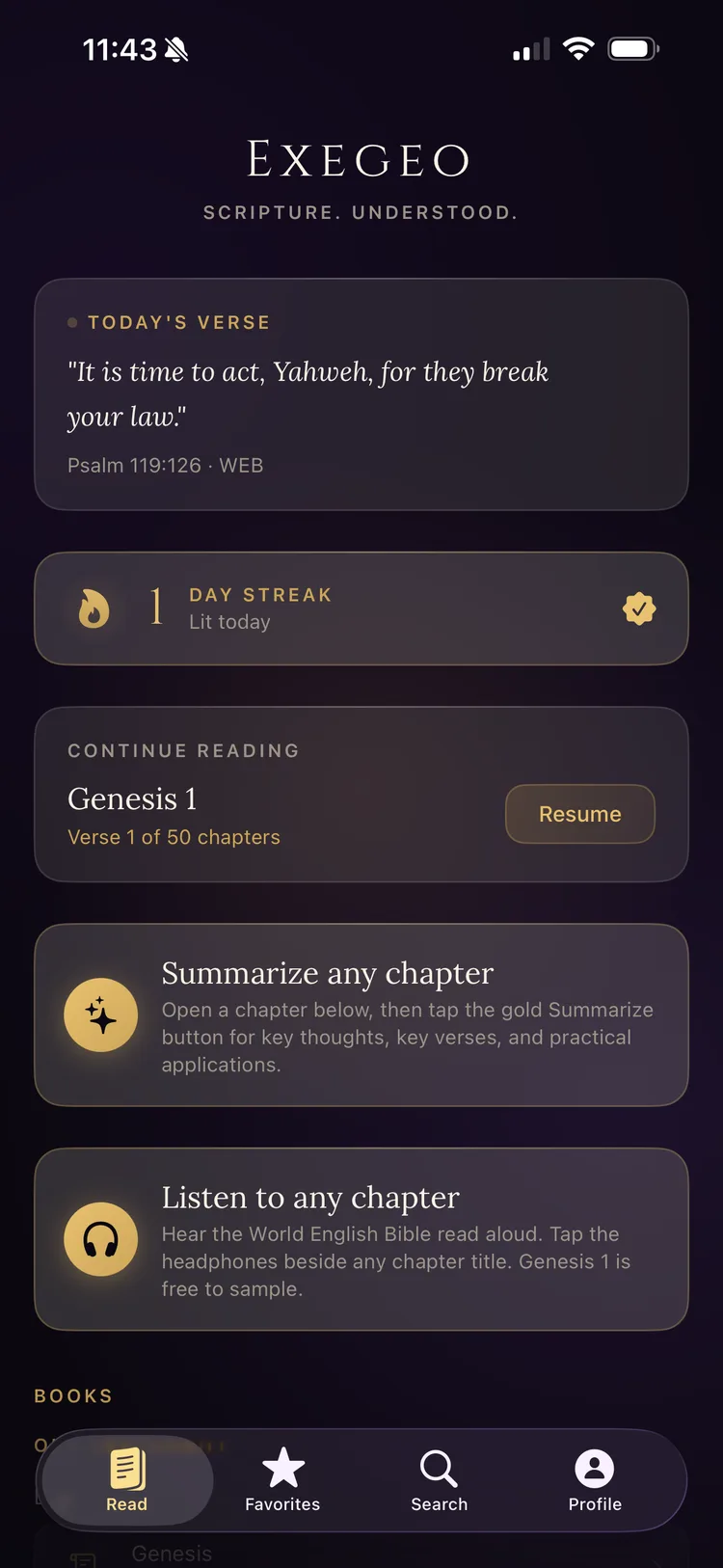 Exegeo home screen with the daily verse, reading progress, and Bible book list