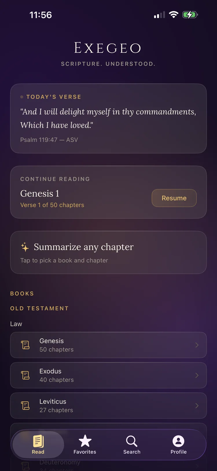 Exegeo home screen showing today's verse and books list